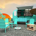Light Blue Outdoor Table with Chairs Near Camping Food Truck Palm Trees Sunset