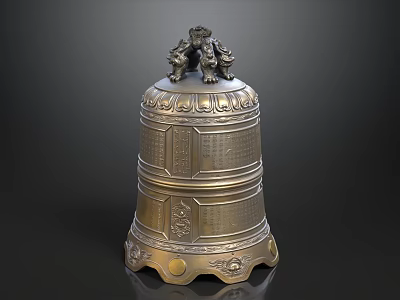 Ancient Style Bronze Bell With Lion Sculptures And Intricate Carvings On Dark 3d model