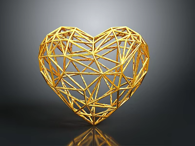 Golden Geometric Heart Shaped Decorative Home Living Accessory With Reflection On Dark Background 3d model