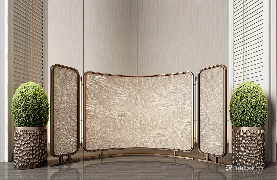 Beige Textured Room Divider With Metal Frame And Potted Plants In Modern Interior 3d model 