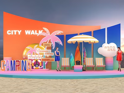 City Walk Camping Photo Check In Spot With Orange Backdrop Palm Trees Striped Parasol 3d model