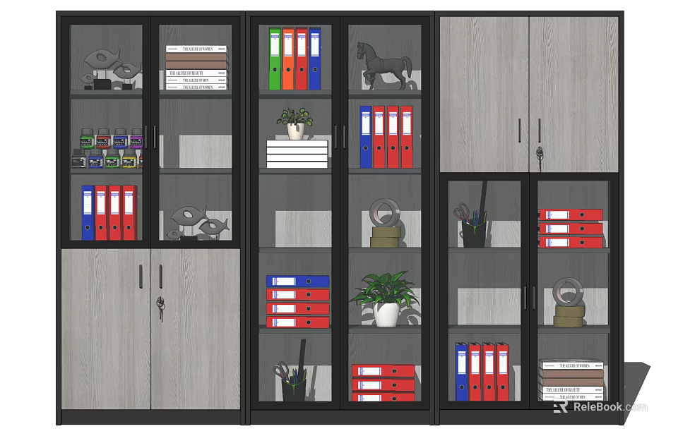Modern Bookcase With Glass Compartments Colored Folders Books Potted Plants And Decorative Items 3d model 