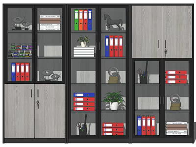 Modern Bookcase With Glass Compartments Colored Folders Books Potted Plants And Decorative Items 3d model