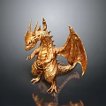 Golden Dragon Character Sculpture With Detailed Scales Shiny Wings And Reflection In Standing Pose