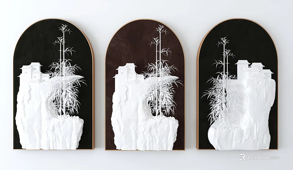 Arch Shaped Wall Decor Featuring White Relief Bamboo And Buildings 3d model