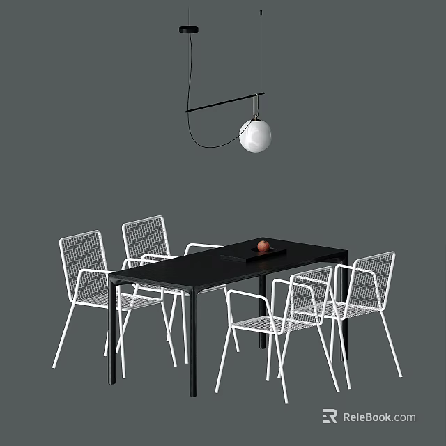 Modern Dining Table Set With Black Table White Mesh Chairs And Hanging Globe Pendant Light 3d model