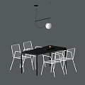 Modern Dining Table Set With Black Table White Mesh Chairs And Hanging Globe Pendant Light 3d model