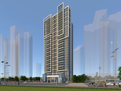 Modern High Rise Residential Building With Glass Curtain Walls And Urban Greenery Design 3d model