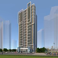 Modern High Rise Residential Building With Glass Curtain Walls And Urban Greenery Design