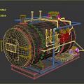 Rusty Cylindrical Industrial Equipment With Golden Decorations And Metal Pipes