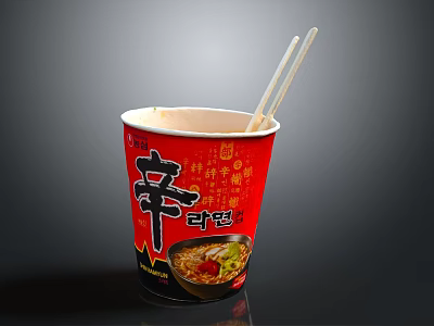 Spicy Korean Style Instant Cup Noodles With Red Packaging And Chopsticks 3d model