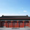 Ancient Chinese Architecture With Black Roof Red Wooden Doors Ornate Eaves And Blue Sky