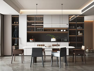 Modern Restaurant Interior Design With Dining Table Comfortable Chairs Pendant Lights And Decorative Wall Art 3d model
