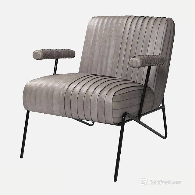 Modern Gray Striped Dining Chair With Round Armrests And Black Metal Legs 3d model 