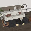 Beige Velvet Sofa With Brown Cushions And Round Marble Coffee Table With Gold Base