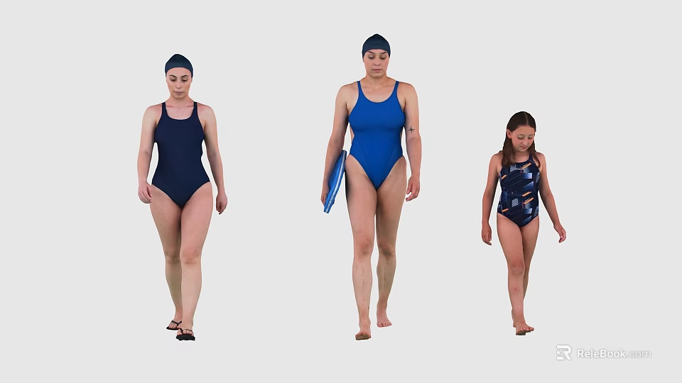 Multiple People in Swimsuits Walking with Blue Kickboard for Swimming Activity 3d model 