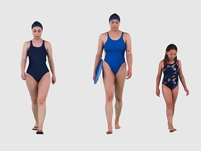 Multiple People in Swimsuits Walking with Blue Kickboard for Swimming Activity 3d model