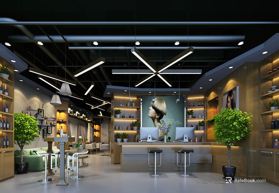 Modern Beauty Hair Salon Interior With Lighting Green Plants Counter Product Shelves 3d model 