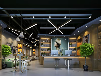 Modern Beauty Hair Salon Interior With Lighting Green Plants Counter Product Shelves 3d model