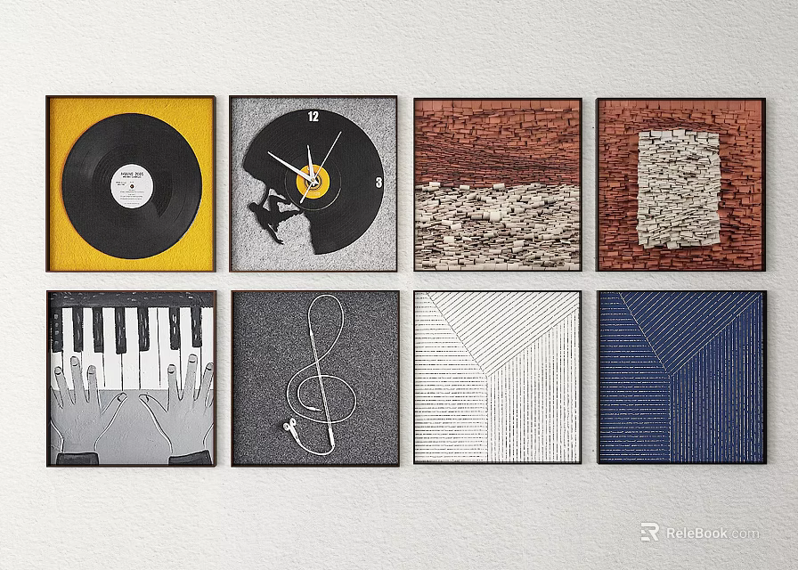 Diverse Wall Art Set Featuring Music Elements Textures And Geometric Patterns 3d model