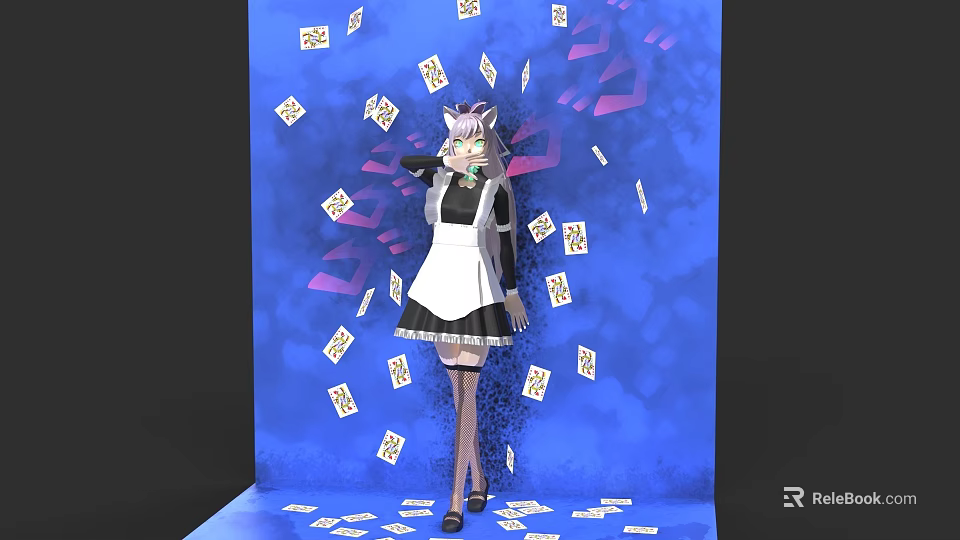 Woman in Maid Outfit Standing Surrounded by Flying Playing Cards on Blue Background 3d model 
