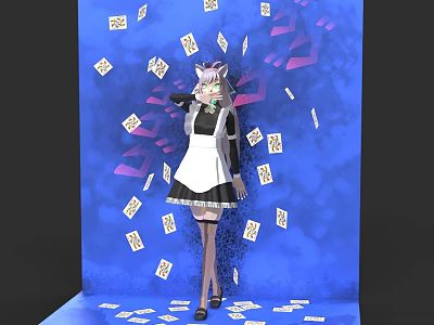 Woman in Maid Outfit Standing Surrounded by Flying Playing Cards on Blue Background 3d model