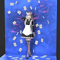 Woman in Maid Outfit Standing Surrounded by Flying Playing Cards on Blue Background