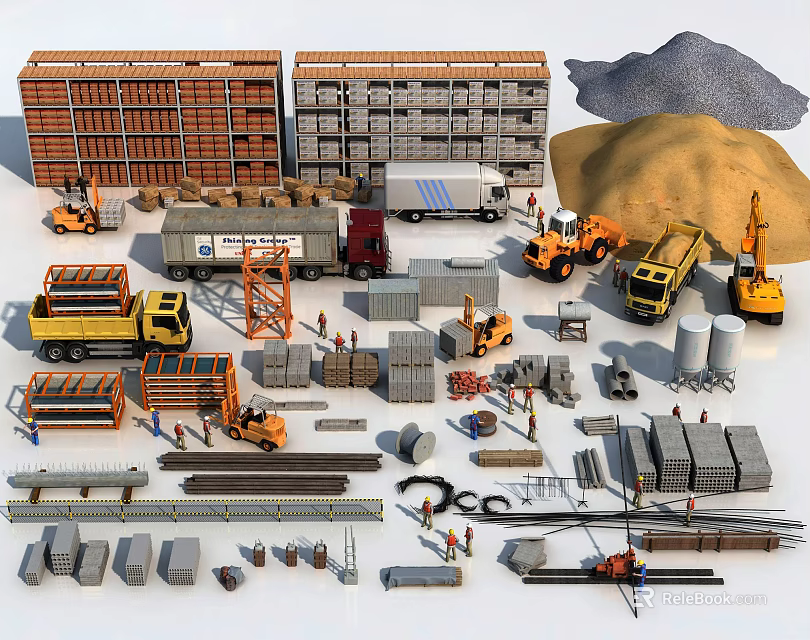 Various Construction Materials And Equipment With Bricks Cement Trucks Excavators And Steel 3d model 