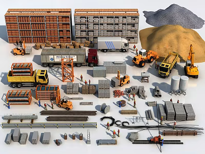 Various Construction Materials And Equipment With Bricks Cement Trucks Excavators And Steel 3d model