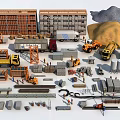 Various Construction Materials And Equipment With Bricks Cement Trucks Excavators And Steel 3d model