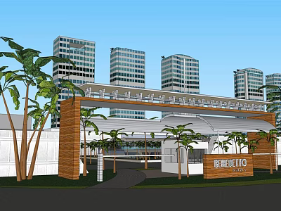 Modern Office Building With High Rise Buildings Entrance Palm Trees Canopy And Signage 3d model