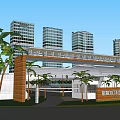 Modern Office Building With High Rise Buildings Entrance Palm Trees Canopy And Signage