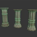 Three Classical Stone Columns With Ornate Carvings And Textured Bases