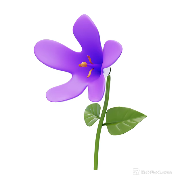Purple Flower With Petals Yellow Stamens Green Stem And Leaves 3d model 