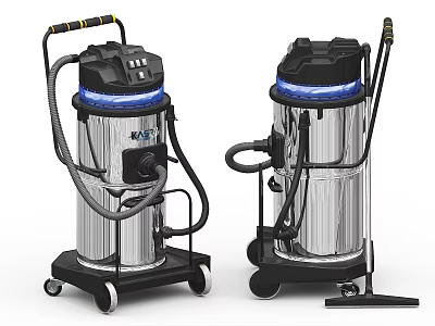 Industrial Vacuum Cleaners With Silver Body Black Top Flexible Hose And Movable Wheels 3d model