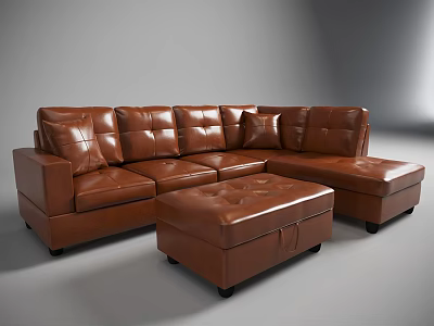Brown Leather L Shaped Sectional Sofa With Ottoman And Comfortable Cushions 3d model