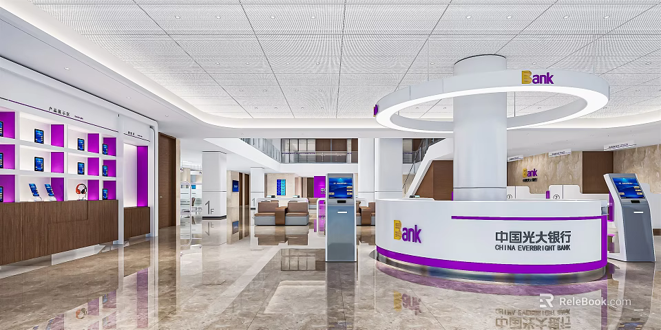Modern Bank Service Hall Interior With Service Counter Seating Marble Flooring And Self Service Kiosks 3d model 