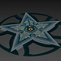 Star Shaped Metallic Weapon With Blue Silver Finish Circular Ring And Central Yellow Dot 3d model