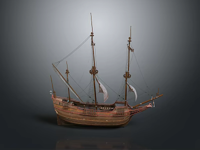Detailed Wooden Sailing Ship Model With Multiple Masts And White Sails 3d model