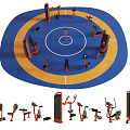 Various Sports Equipment Arranged In Circular Blue Yellow Area With Fitness Gear