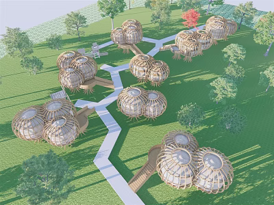 Round Dome Shaped Wooden Houses Connected by White Pathway Surrounded by Green Grass and Trees 3d model