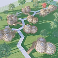 Round Dome Shaped Wooden Houses Connected by White Pathway Surrounded by Green Grass and Trees