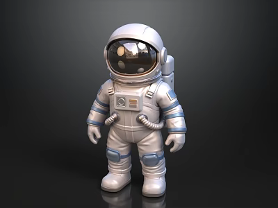 Silver Astronaut Toy With Blue Stripes Helmet And Backpack Standing On Black Background 3d model