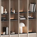 Modern Style Decorative Cabinet With Layered Design Neutral Tone And Vases Books Lamp Decorative Items