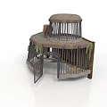 Rusty Metal Cage Structure With Mossy Surface Open Door And Curved Wooden Frame