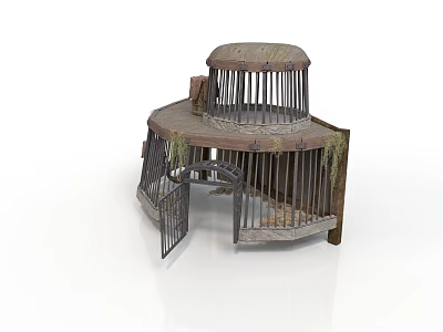 Rusty Metal Cage Structure With Mossy Surface Open Door And Curved Wooden Frame 3d model