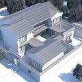 Ancient Chinese Architecture Courtyard with Black Tiled Roof White Walls and Green Trees