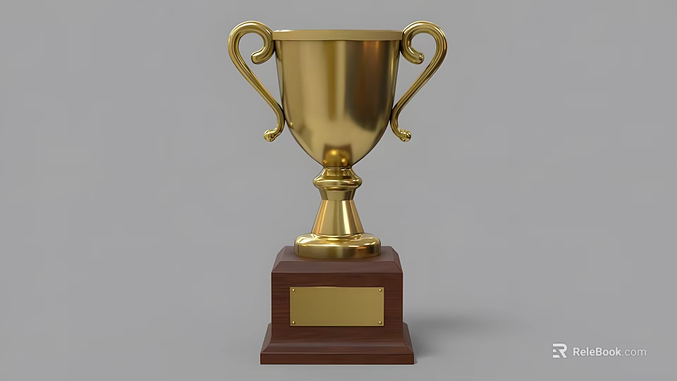 Gold Trophy Sculpture Carving with Curved Handles Wooden Base and Metal Plate 3d model 