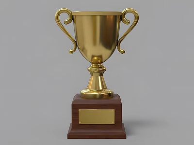 Gold Trophy Sculpture Carving with Curved Handles Wooden Base and Metal Plate 3d model