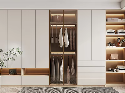 Modern White Wardrobe Interior Design With Glass Door Hanging Clothes And Storage Drawers 3d model